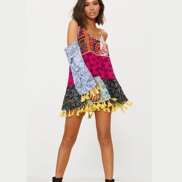 Pretty Little Thing patchwork multicolor mirror tassel bell sleeve mini dress 4 - Picture 1 of 6